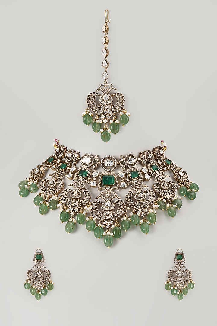 Gold Finish Jade Stone Choker Necklace Set by VASTRAA Jewellery at Pernia's Pop Up Shop