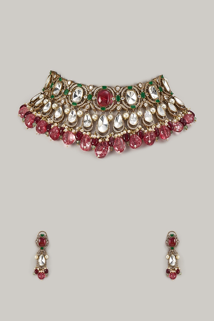 Gold Finish Kundan Polki Necklace Set by VASTRAA Jewellery at Pernia's Pop Up Shop