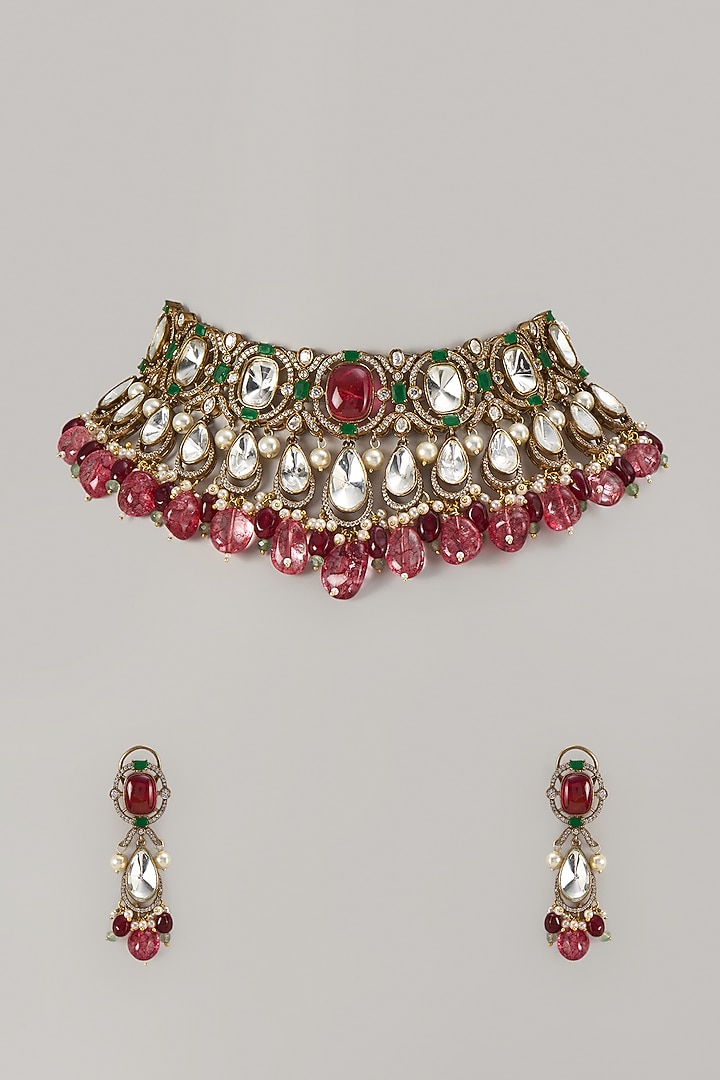 Gold Finish Kundan Polki Necklace Set by VASTRAA Jewellery at Pernia's Pop Up Shop