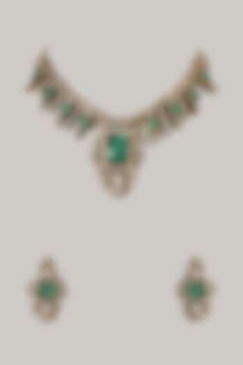 Gold Finish Green Stone Necklace Set by VASTRAA Jewellery at Pernia's Pop Up Shop