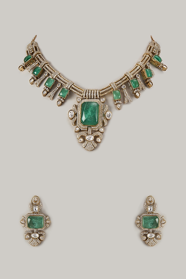 Gold Finish Green Stone Necklace Set by VASTRAA Jewellery at Pernia's Pop Up Shop