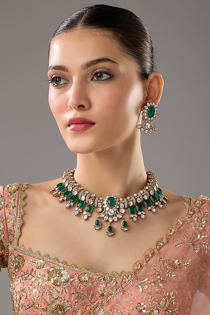 Gold Finish Emerald Synthetic Stone Necklace Set by VASTRAA Jewellery at Pernia's Pop Up Shop