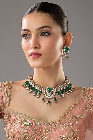 Gold Finish Emerald Synthetic Stone Necklace Set by VASTRAA Jewellery