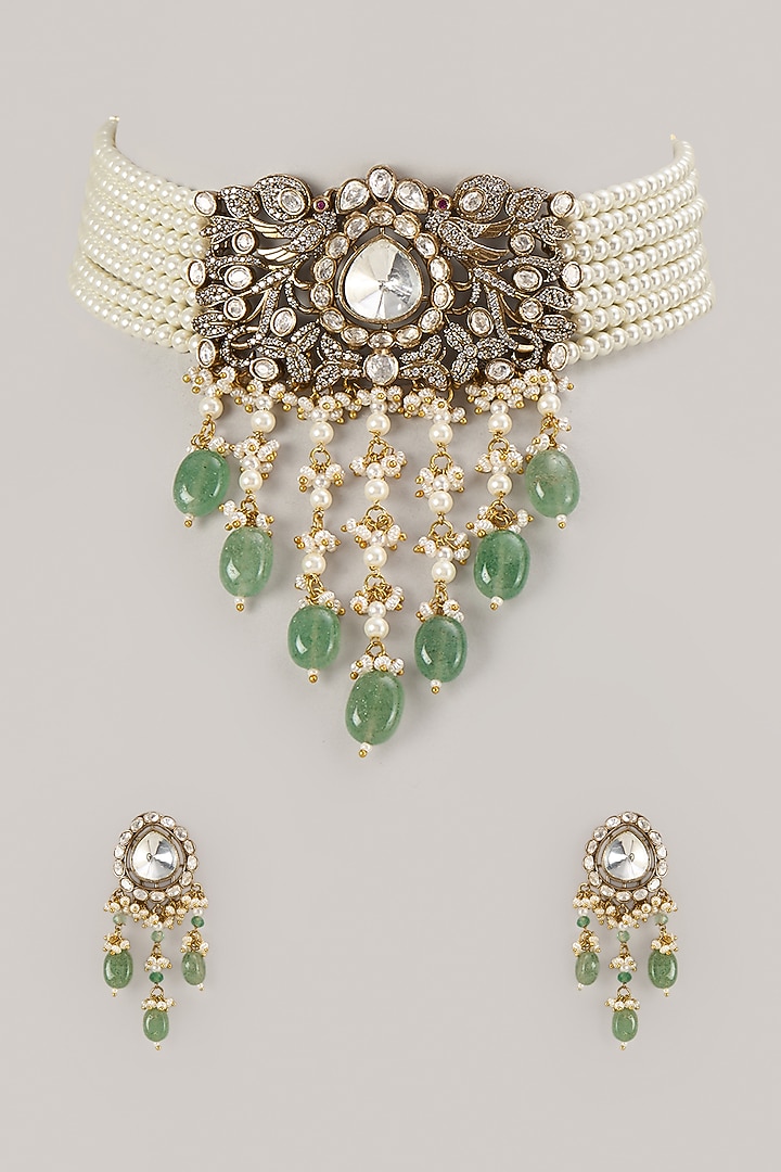 Gold Finish Kundan Polki Choker Necklace Set by VASTRAA Jewellery at Pernia's Pop Up Shop