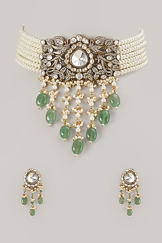 Gold Finish Kundan Polki Choker Necklace Set by VASTRAA Jewellery
