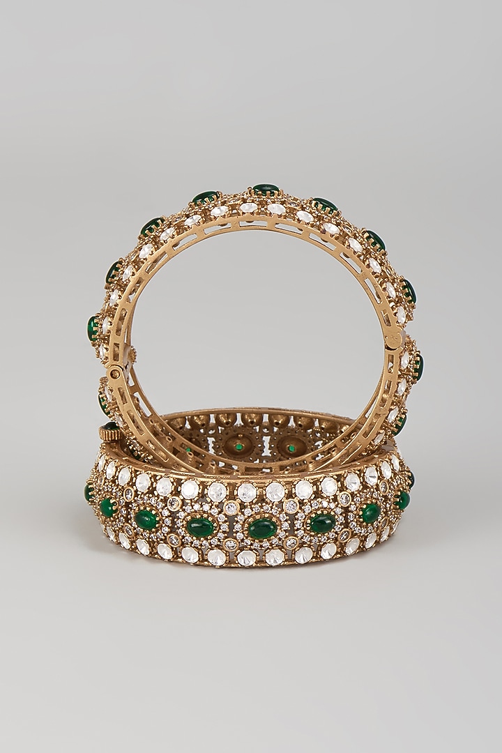 Gold Finish Kundan Polki & Emerald Stone Bangles (Set Of 2) by VASTRAA Jewellery at Pernia's Pop Up Shop