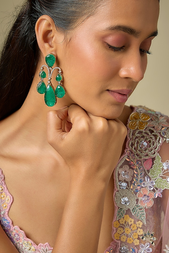 Gold Finish Kundan Polki & Emerald Stone Dangler Earrings by VASTRAA Jewellery at Pernia's Pop Up Shop
