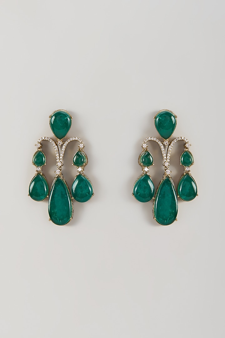 Gold Finish Kundan Polki & Emerald Stone Dangler Earrings by VASTRAA Jewellery at Pernia's Pop Up Shop