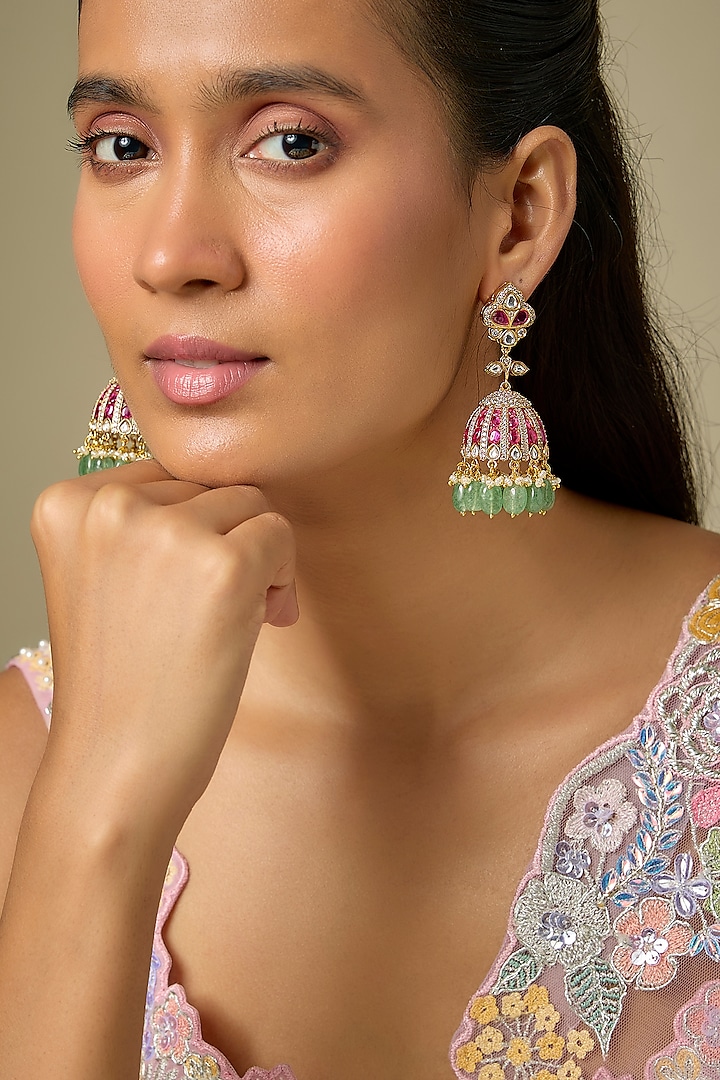 Gold Finish Kundan Polki & Ruby Stone Dangler Earrings by VASTRAA Jewellery at Pernia's Pop Up Shop