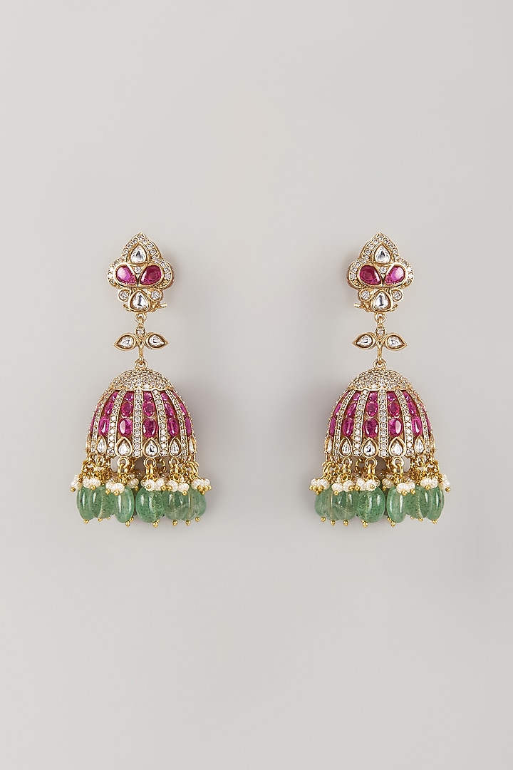 Gold Finish Kundan Polki & Ruby Stone Dangler Earrings by VASTRAA Jewellery at Pernia's Pop Up Shop