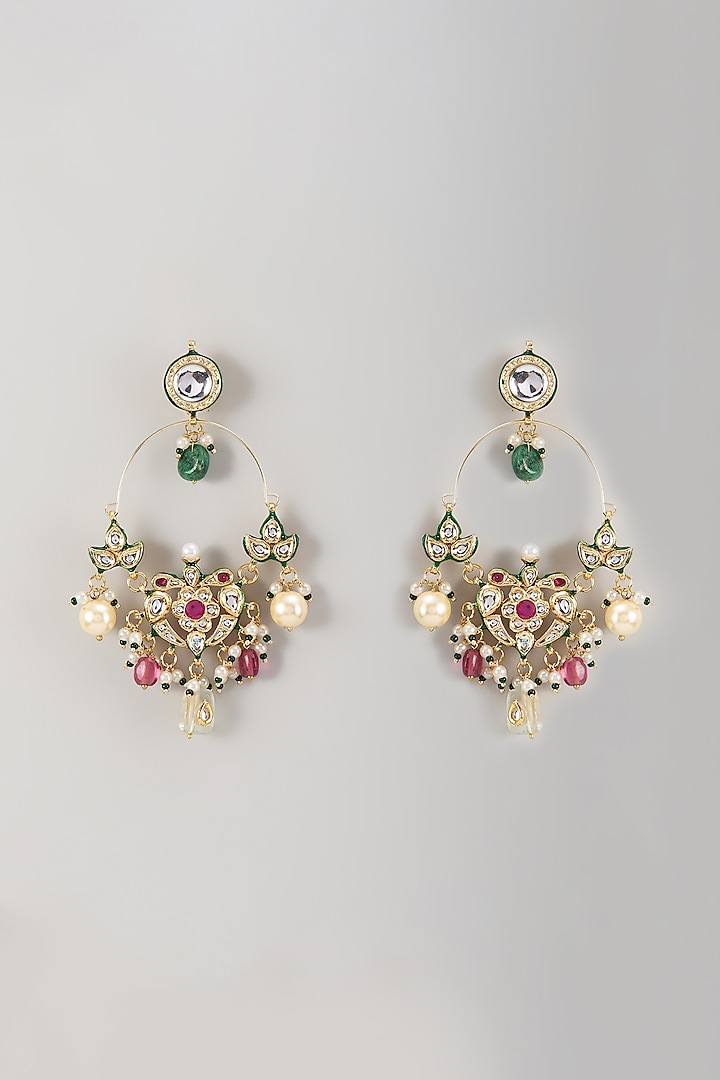 Gold Finish Kundan Polki & Multi-Colored Stone Dangler Earrings by VASTRAA Jewellery at Pernia's Pop Up Shop