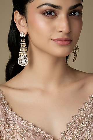 White Finish Kundan Polki Dangler Earrings by VASTRAA Jewellery