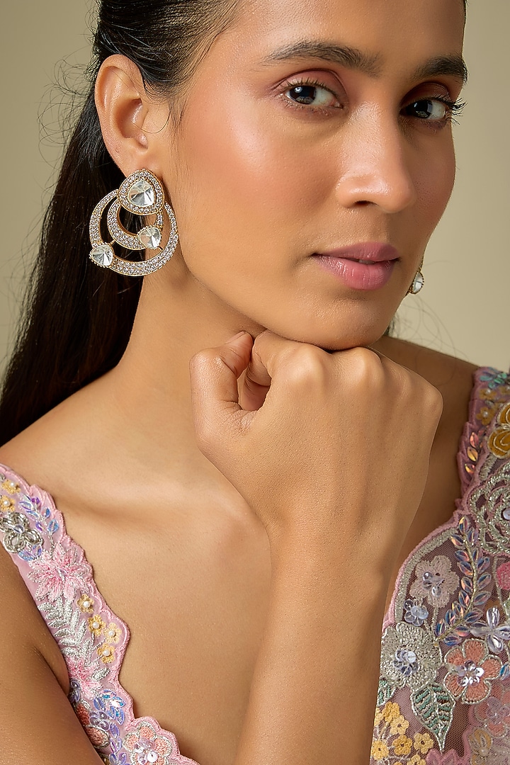 Gold Finish Kundan Polki Dangler Earrings by VASTRAA Jewellery at Pernia's Pop Up Shop