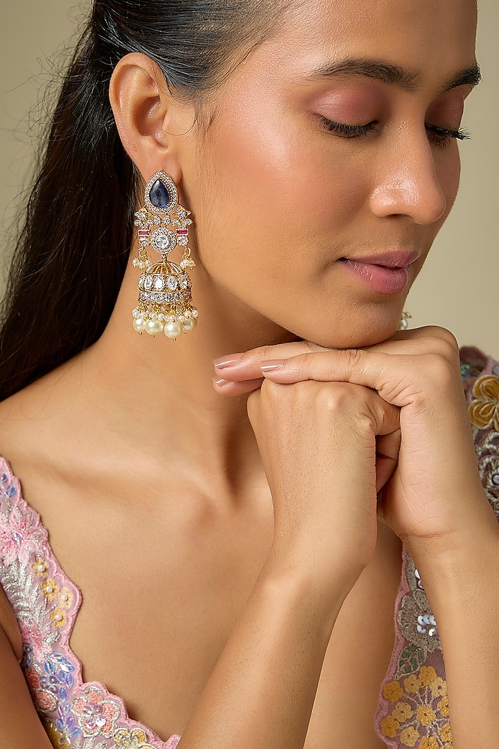 Gold Finish Kundan Polki & Blue Sapphire Stone Dangler Earrings by VASTRAA Jewellery at Pernia's Pop Up Shop