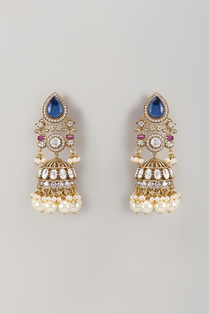 Gold Finish Kundan Polki & Blue Sapphire Stone Dangler Earrings by VASTRAA Jewellery at Pernia's Pop Up Shop