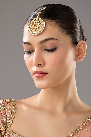 Gold Finish Kundan Polki Maangtikka by VASTRAA Jewellery