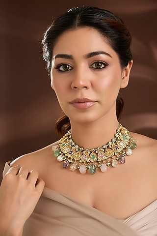 Gold Finish Stone Necklace by VASTRAA Jewellery