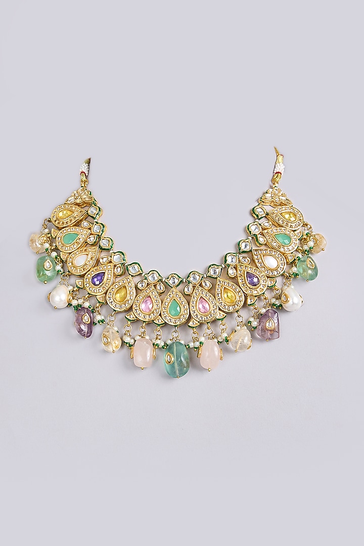 Gold Finish Stone Necklace by VASTRAA Jewellery at Pernia's Pop Up Shop