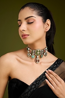 Gold Finish Kundan Polki Choker Necklace by VASTRAA Jewellery-POPULAR PRODUCTS AT STORE