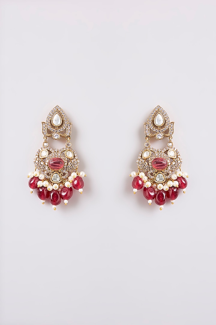 Gold Finish Kundan Polki Dangler Earrings by VASTRAA Jewellery at Pernia's Pop Up Shop