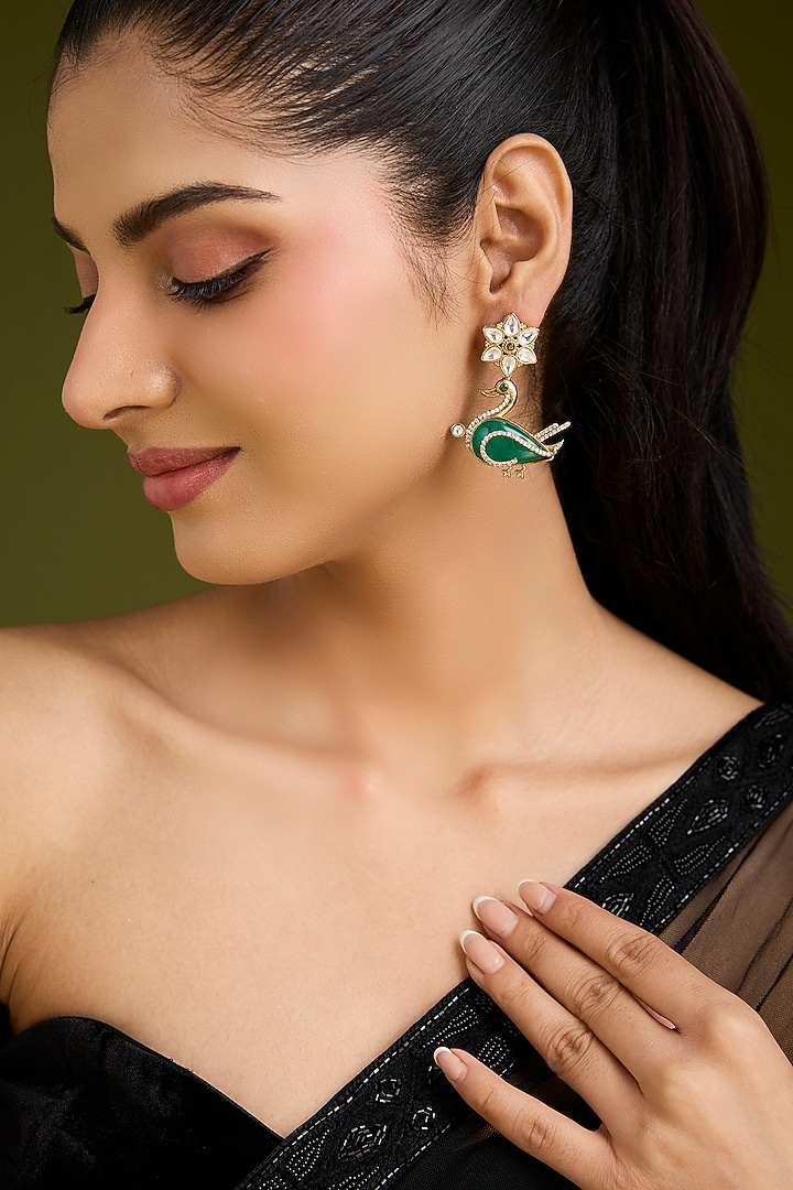 Gold Finish Kundan Polki Dangler Earrings by VASTRAA Jewellery at Pernia's Pop Up Shop