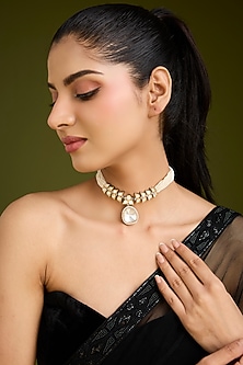 Gold Finish Kundan Polki Choker Necklace by VASTRAA Jewellery-POPULAR PRODUCTS AT STORE