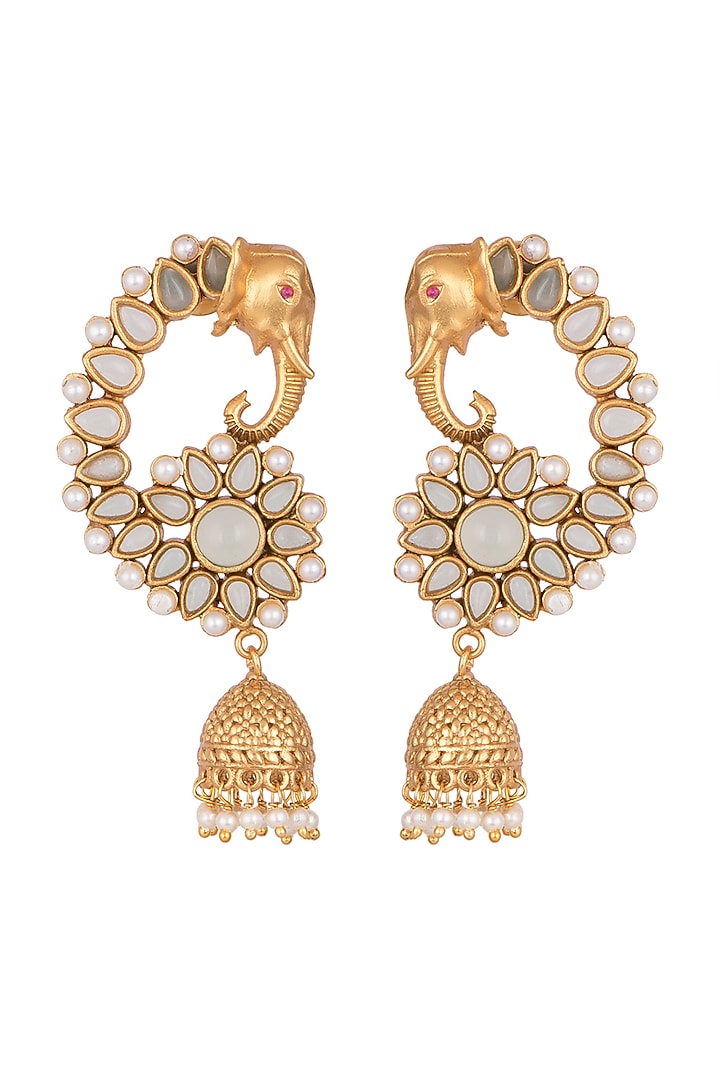 Gold Finish Faux Pearl Elephant Shaped Jhumka Earrings by VASTRAA Jewellery at Pernia's Pop Up Shop