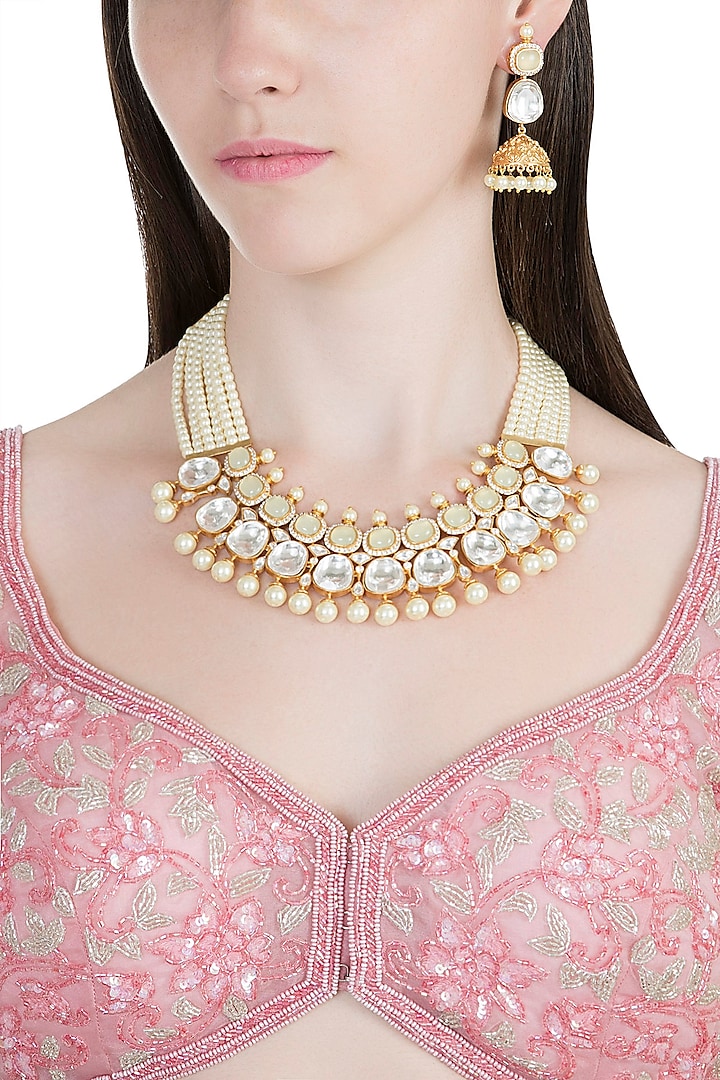 Gold Finish Faux Pearl & Kundan Polki Necklace Set by VASTRAA Jewellery