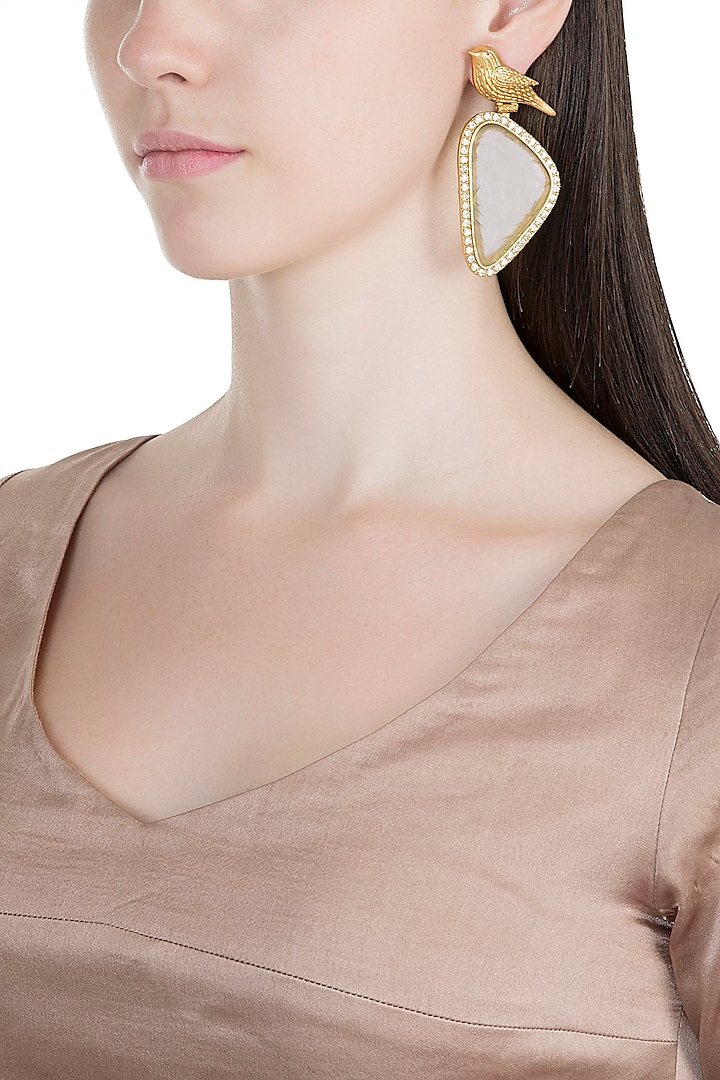 Gold Finish Green Stone Bird Earrings by VASTRAA Jewellery