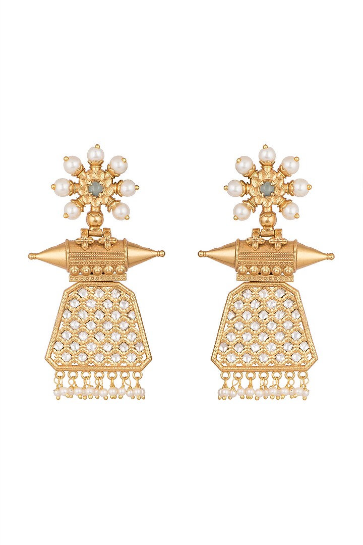 Gold Finish Kundan & Pearl Statement Earrings by VASTRAA Jewellery at Pernia's Pop Up Shop