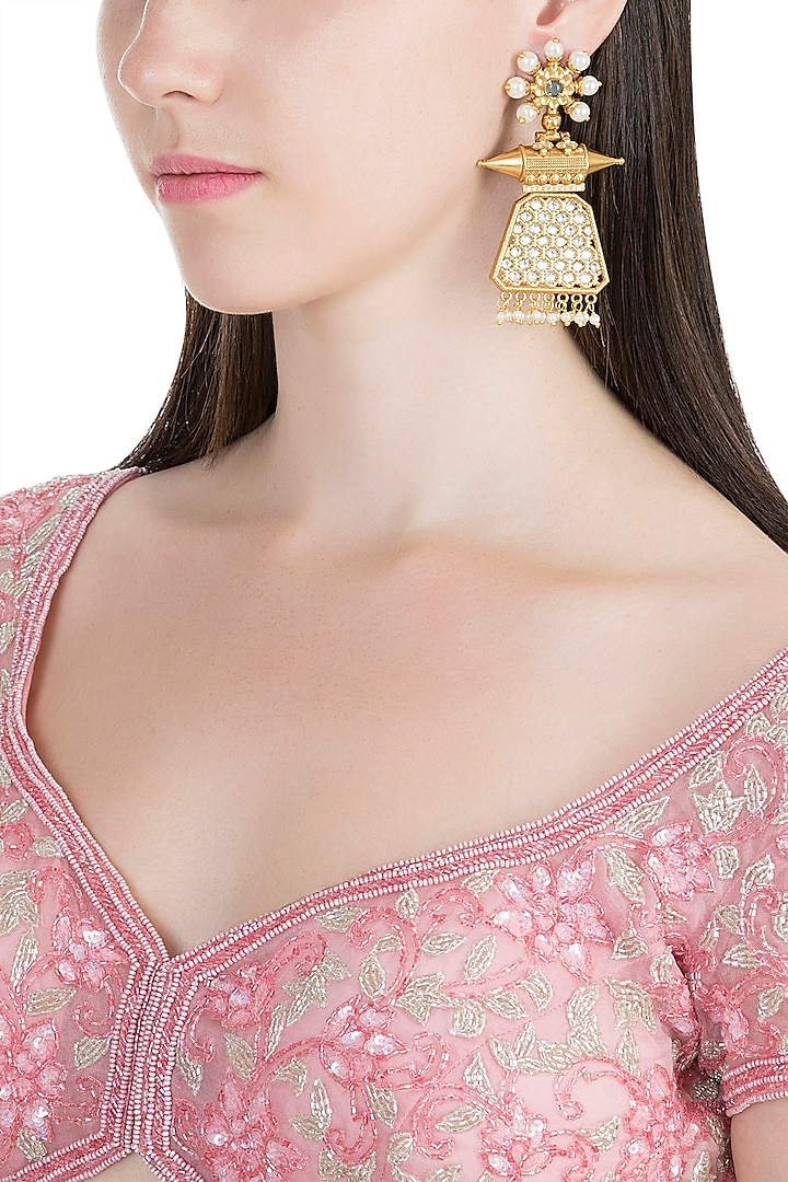 Gold Finish Kundan & Pearl Statement Earrings by VASTRAA Jewellery