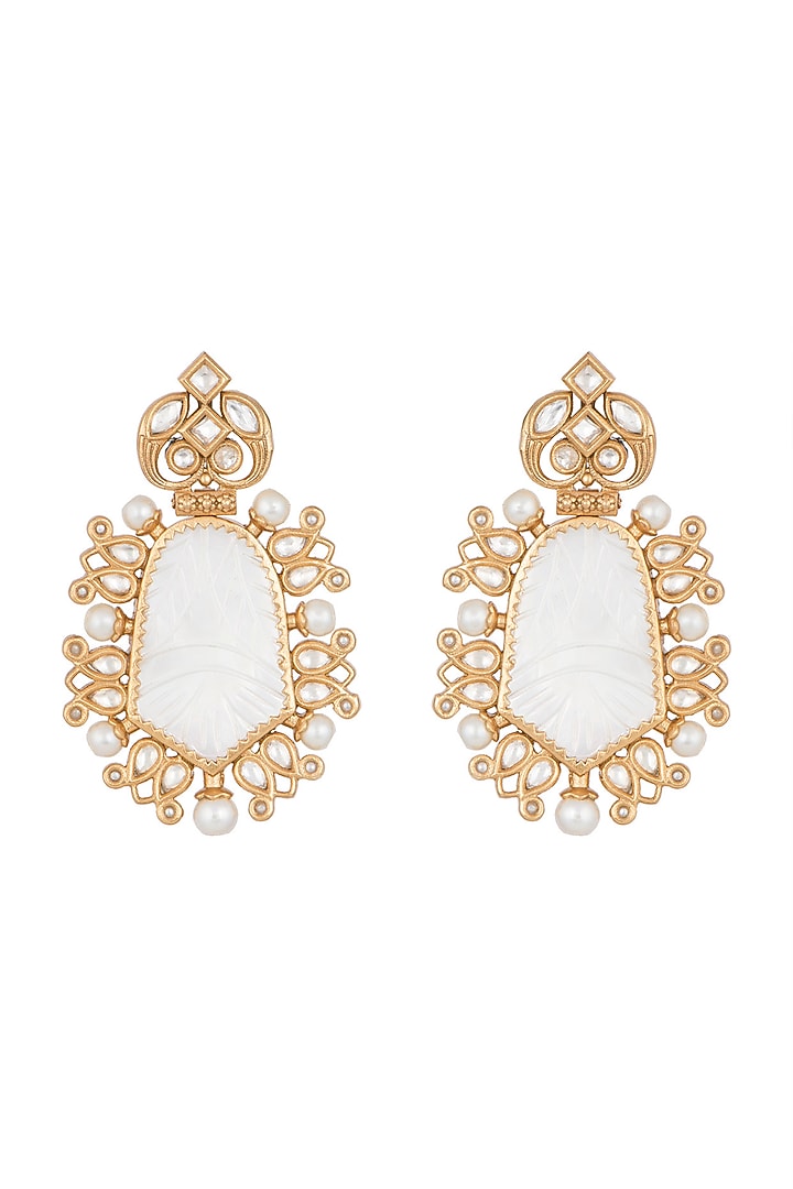 Gold Finish Kundan Polki & Pearl Earrings by VASTRAA Jewellery at Pernia's Pop Up Shop