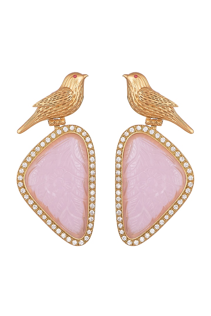 Gold Finish Pink Stone & Zircon Bird Earrings by VASTRAA Jewellery at Pernia's Pop Up Shop