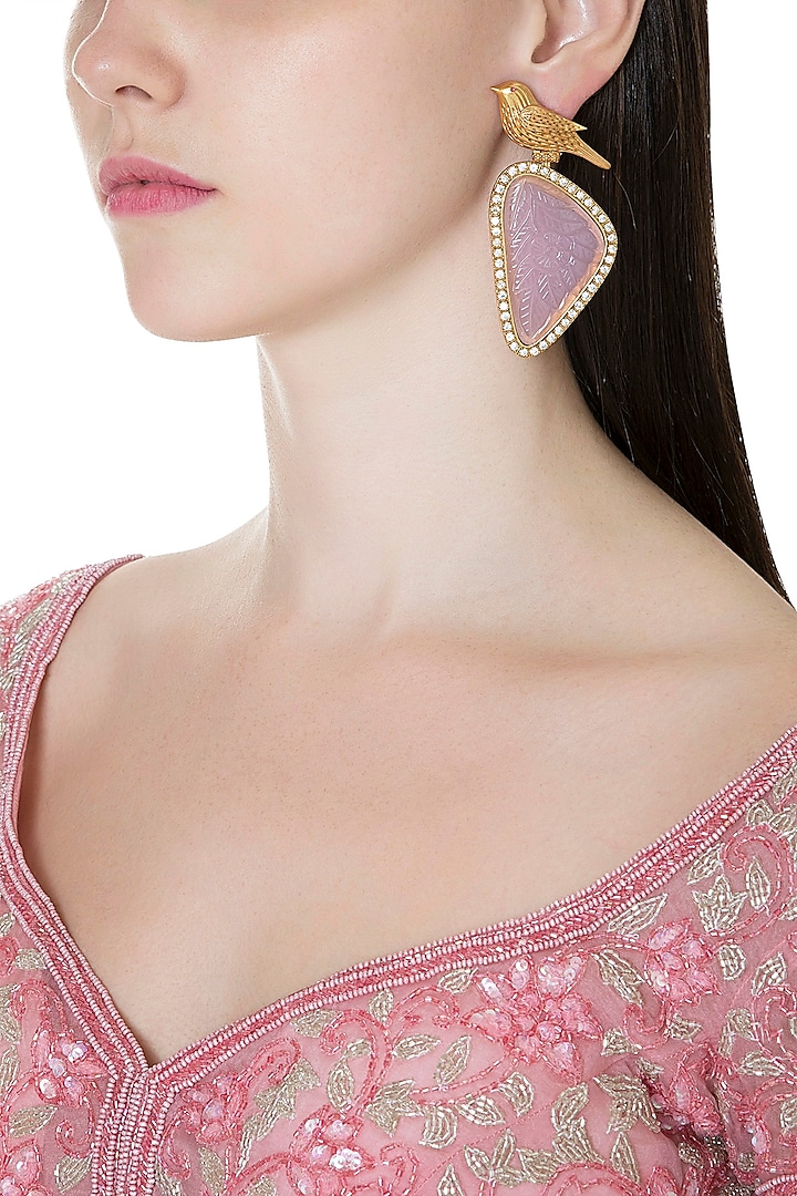 Gold Finish Pink Stone & Zircon Bird Earrings by VASTRAA Jewellery