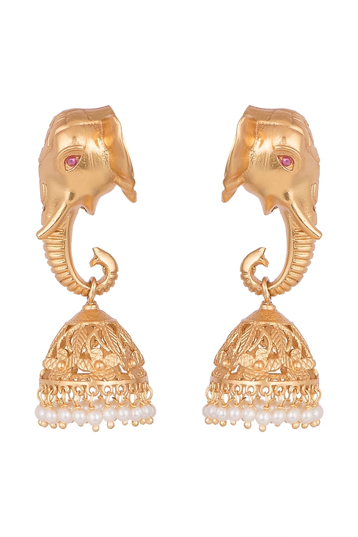 Gold Finish Faux Pearl Elephant Shaped Jhumka Earrings by VASTRAA Jewellery at Pernia's Pop Up Shop