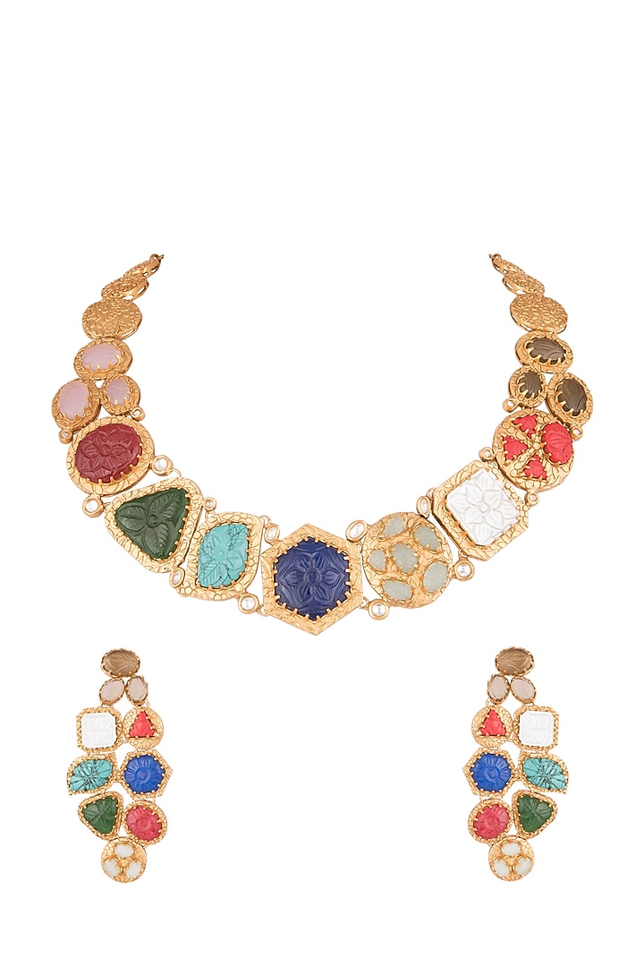 Gold Finish Kundan Polki & Multi Colored Stone Necklace Set by VASTRAA Jewellery at Pernia's Pop Up Shop