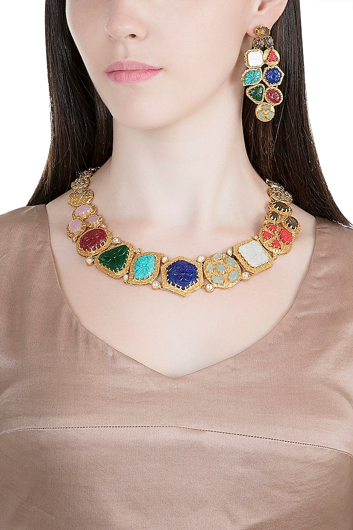 Gold Finish Kundan Polki & Multi Colored Stone Necklace Set by VASTRAA Jewellery