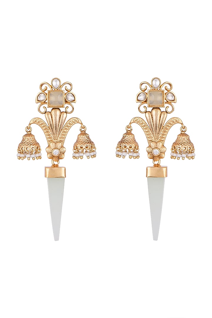 Gold Finish Kundan Polki & Blue Drop Earrings by VASTRAA Jewellery at Pernia's Pop Up Shop