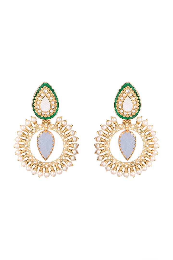Gold Finish Faux Pearl & Blue Stone Chandbali Earrings by VASTRAA Jewellery at Pernia's Pop Up Shop