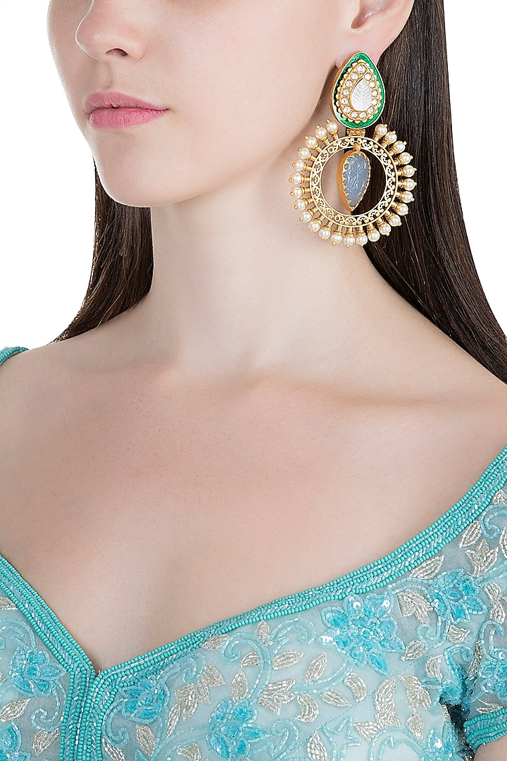 Gold Finish Faux Pearl & Blue Stone Chandbali Earrings by VASTRAA Jewellery