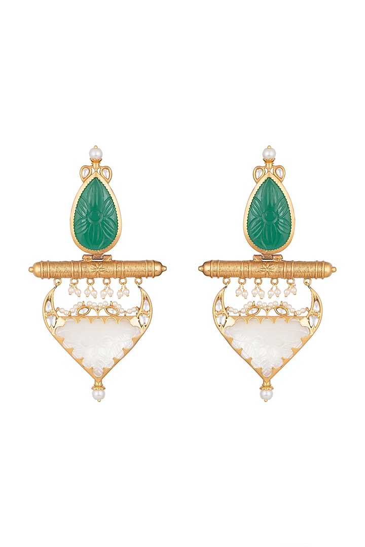 Gold Finish Green & White Stone Earrings by VASTRAA Jewellery at Pernia's Pop Up Shop