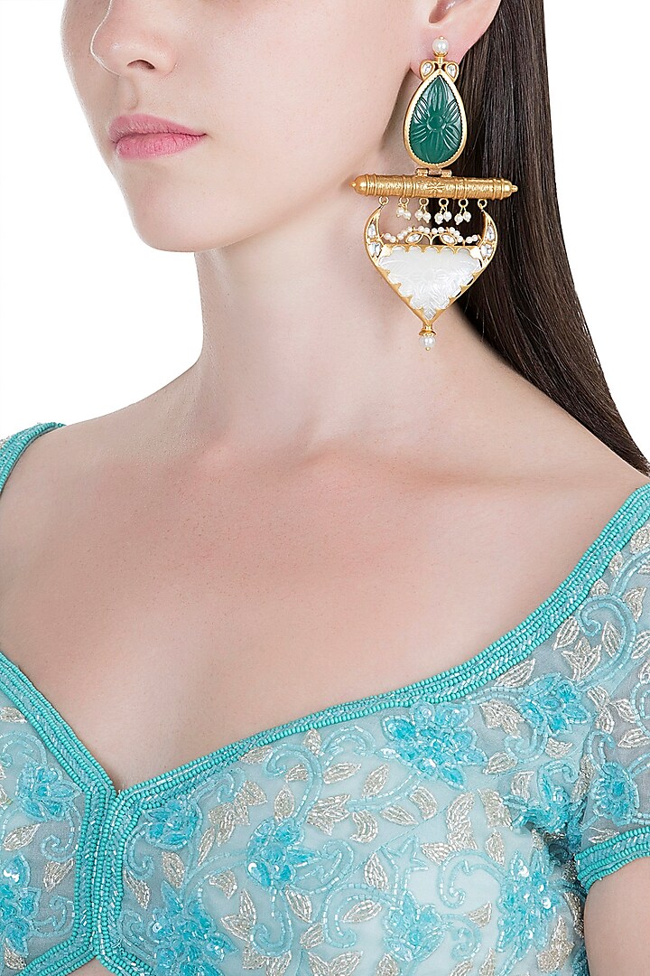 Gold Finish Green & White Stone Earrings by VASTRAA Jewellery