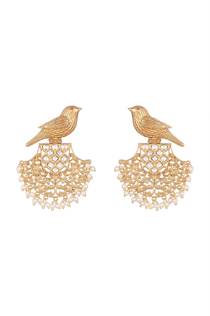 Gold Finish Kundan Polki & Pearl Bird Earrings by VASTRAA Jewellery at Pernia's Pop Up Shop