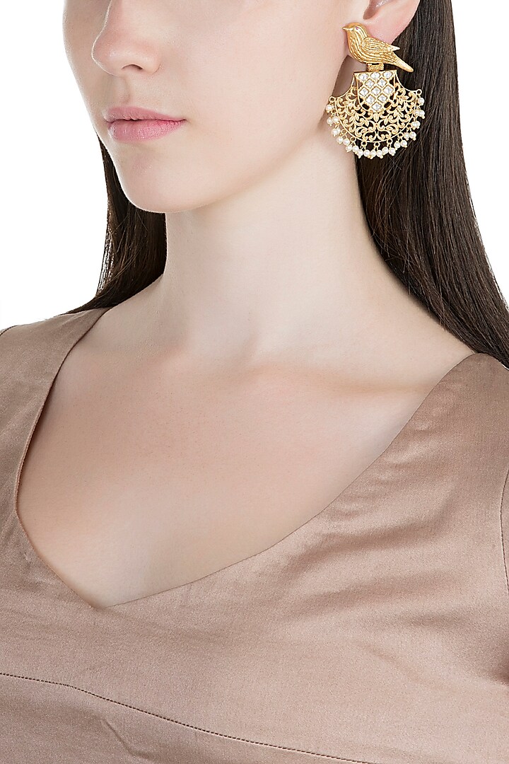 Gold Finish Kundan Polki & Pearl Bird Earrings by VASTRAA Jewellery
