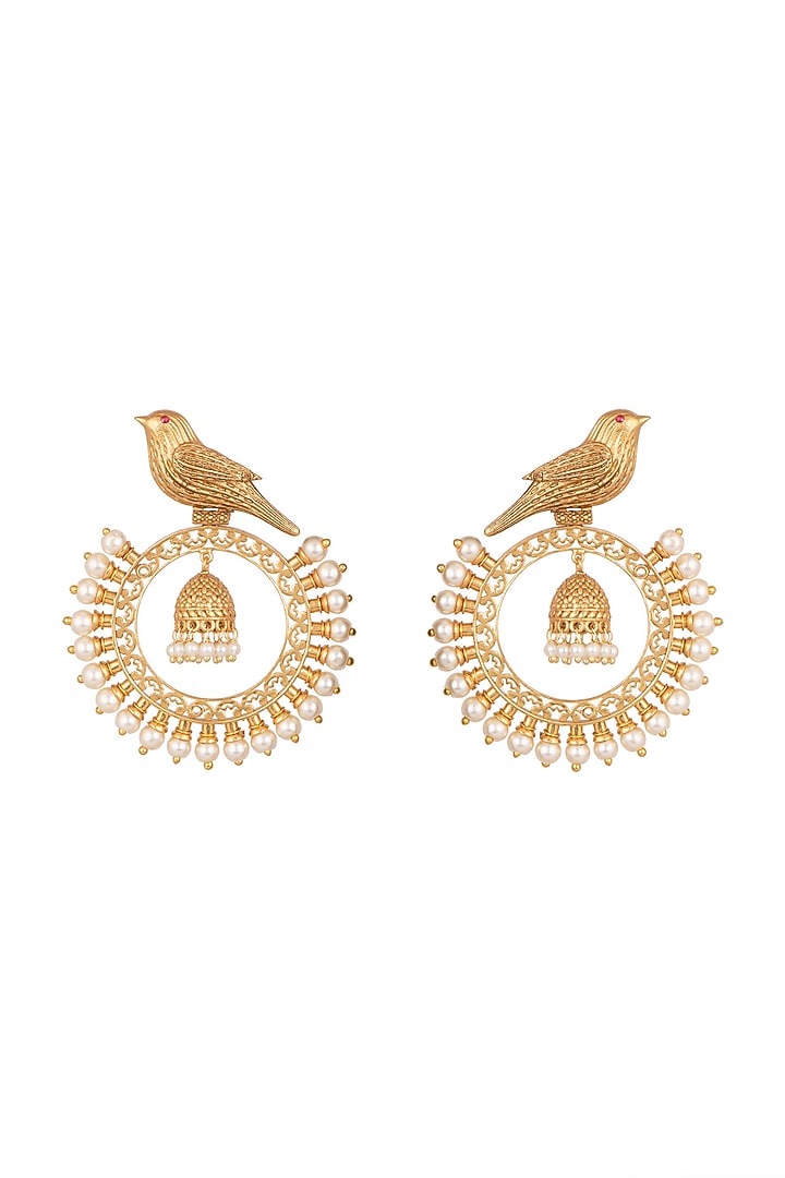Gold Finish Faux Kundan Polki & Pearl Bird Chandbali Earrings by VASTRAA Jewellery at Pernia's Pop Up Shop