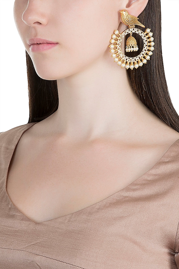 Gold Finish Faux Kundan Polki & Pearl Bird Chandbali Earrings by VASTRAA Jewellery