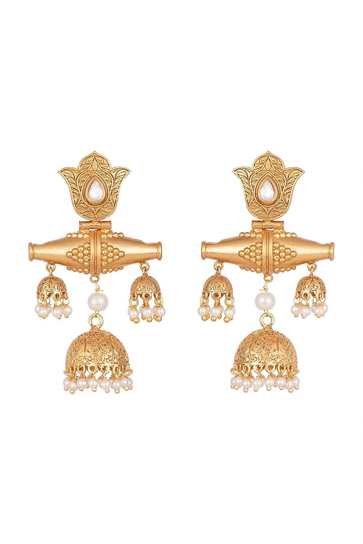 Gold Finish Faux Kundan Polki & Pearl Antique Jhumka Earrings by VASTRAA Jewellery at Pernia's Pop Up Shop
