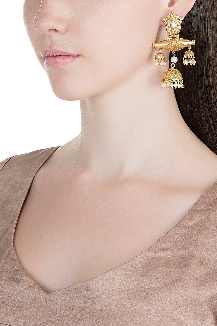Gold Finish Faux Kundan Polki & Pearl Antique Jhumka Earrings by VASTRAA Jewellery