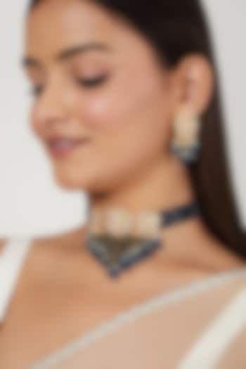Gold Finish Kundan Polki & Blue Beaded Choker Necklace Set by VASTRAA Jewellery