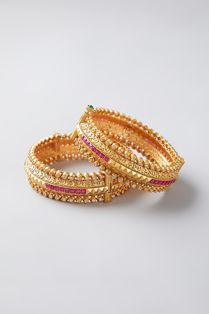 Gold Finish Ruby Openable Bangles (Set of 2) by VASTRAA Jewellery at Pernia's Pop Up Shop